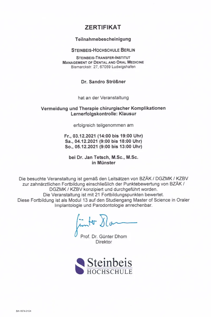 Zertifikat: M.Sc. – Modul 13: Vermeidung und Therapie chirurgischer Komplikationen