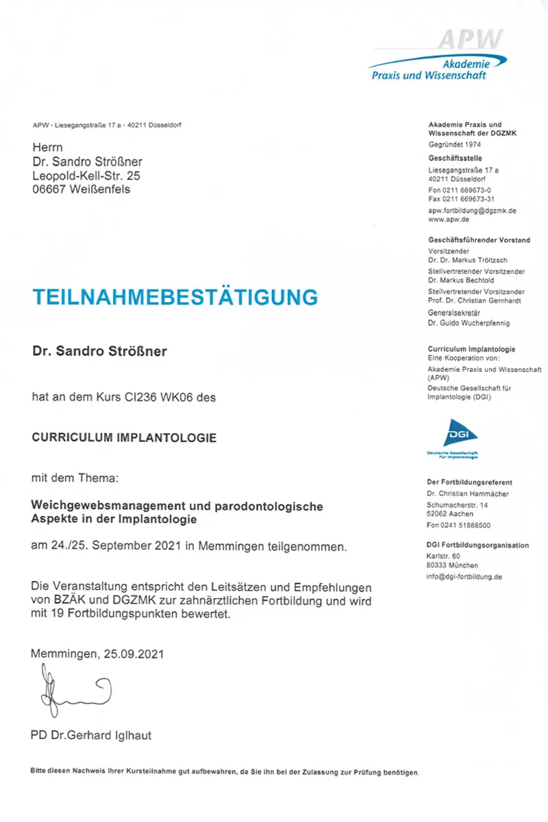 Zertifikat: Curriculum Implantologie DGI/APW – Weichgewebsmanagement