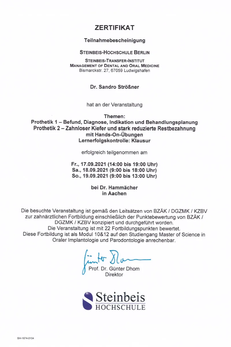 Zertifikat: M.Sc. – Module 10 & 12: Prothetik 1 und 2