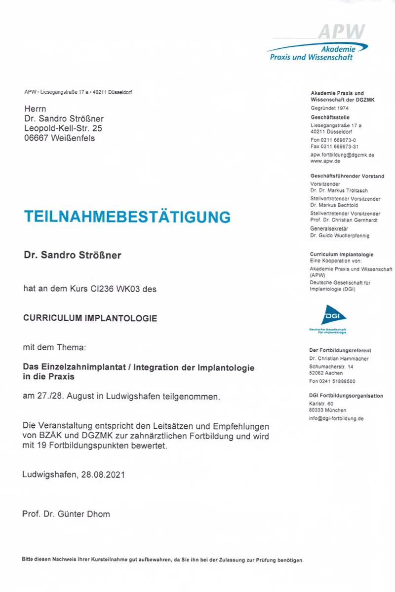 Zertifikat: Curriculum Implantologie DGI/APW – Das Einzelzahnimplantat