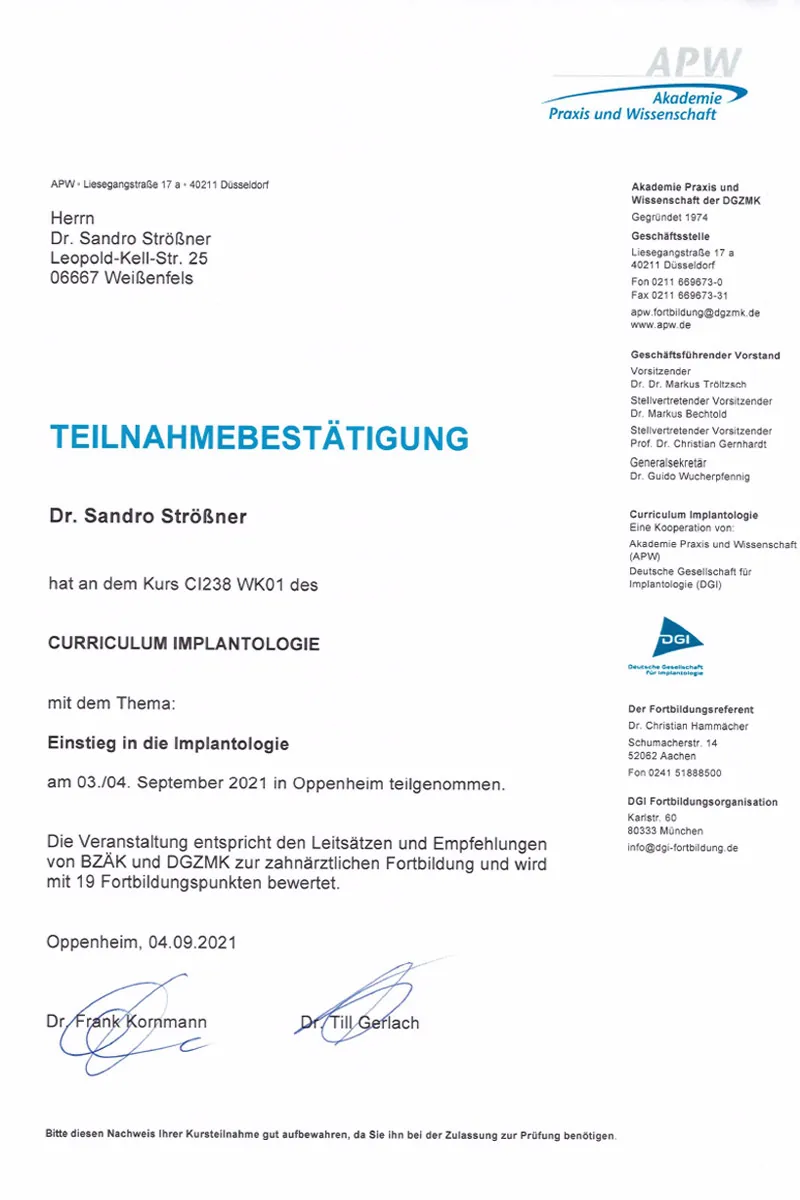Zertifikat: Curriculum Implantologie DGI/APW – Einstieg in die Implantologie