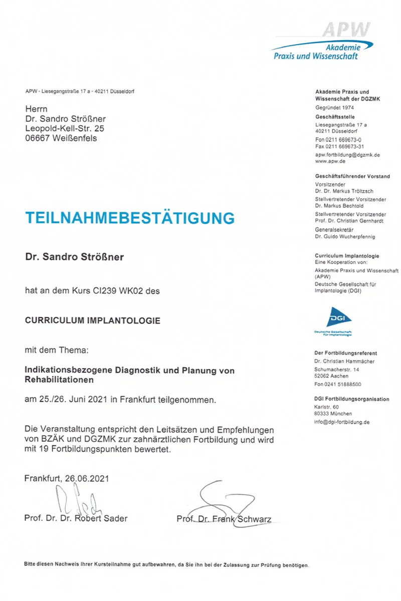 Zertifikat: Curriculum Implantologie DGI/APW – Indikationsbezogene Diagnostik und Planung