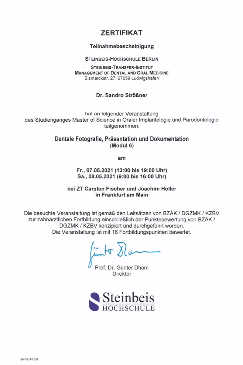 Zertifikat: M.Sc. – Modul 6: Dentale Fotografie, Präsentation und Dokumentation