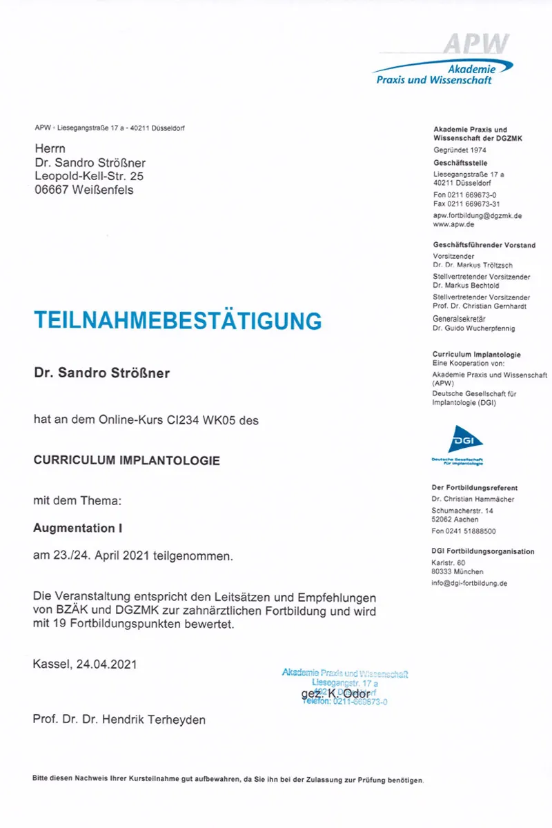 Zertifikat: Curriculum Implantologie DGI/APW – Augmentation I