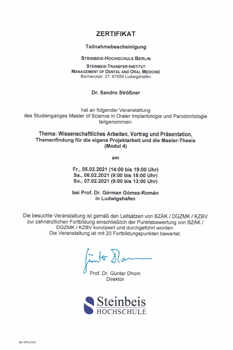 Zertifikat: M.Sc. Orale Implantologie und Parodontologie – Modul 4