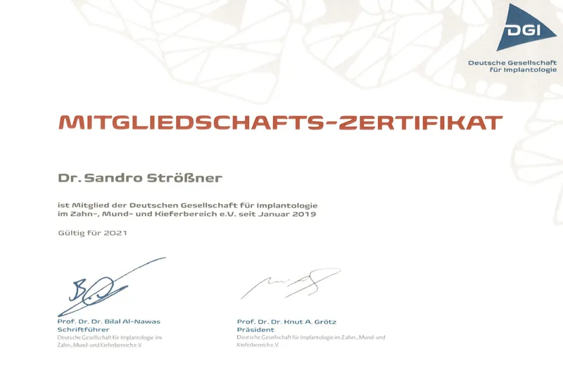 Zertifikat: Mitglied der Deutschen Gesellschaft für Implantologie (DGI)