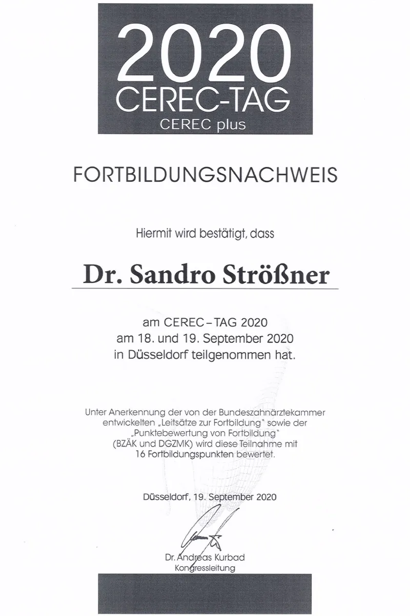 Zertifikat: CEREC-Tag 2020 – digitale Keramikversorgung