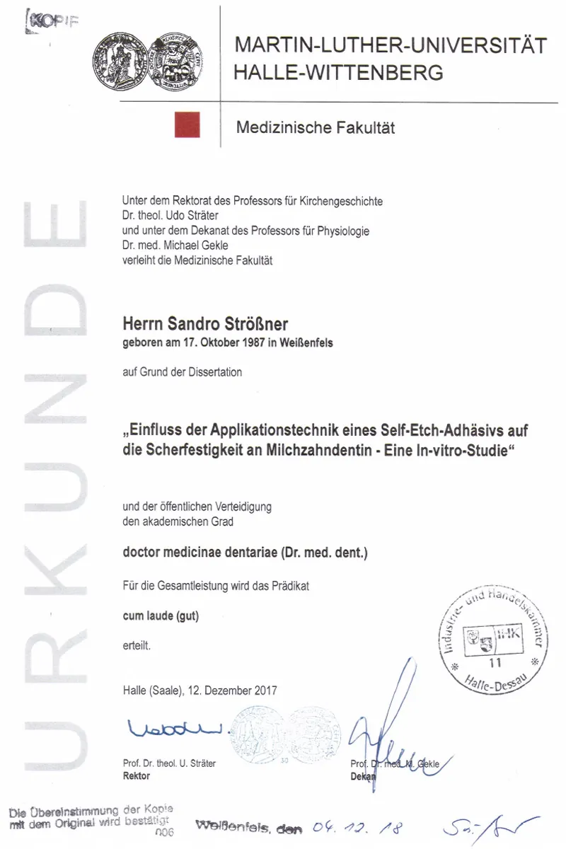 Zertifikat: Promotion zum Dr. med. dent. – „cum laude“