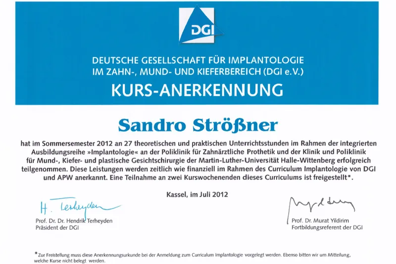 Zertifikat: DGI-Kurs-Anerkennung – Ausbildungsreihe Implantologie