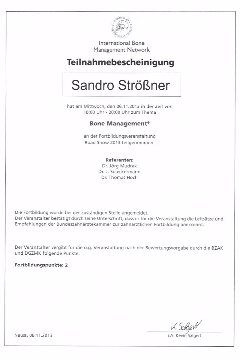 Zertifikat: Bone Management – Road Show 2013