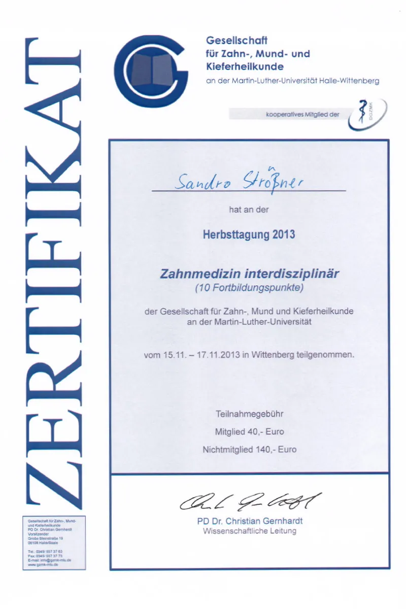 Zertifikat: Herbsttagung 2013 „Zahnmedizin interdisziplinär“