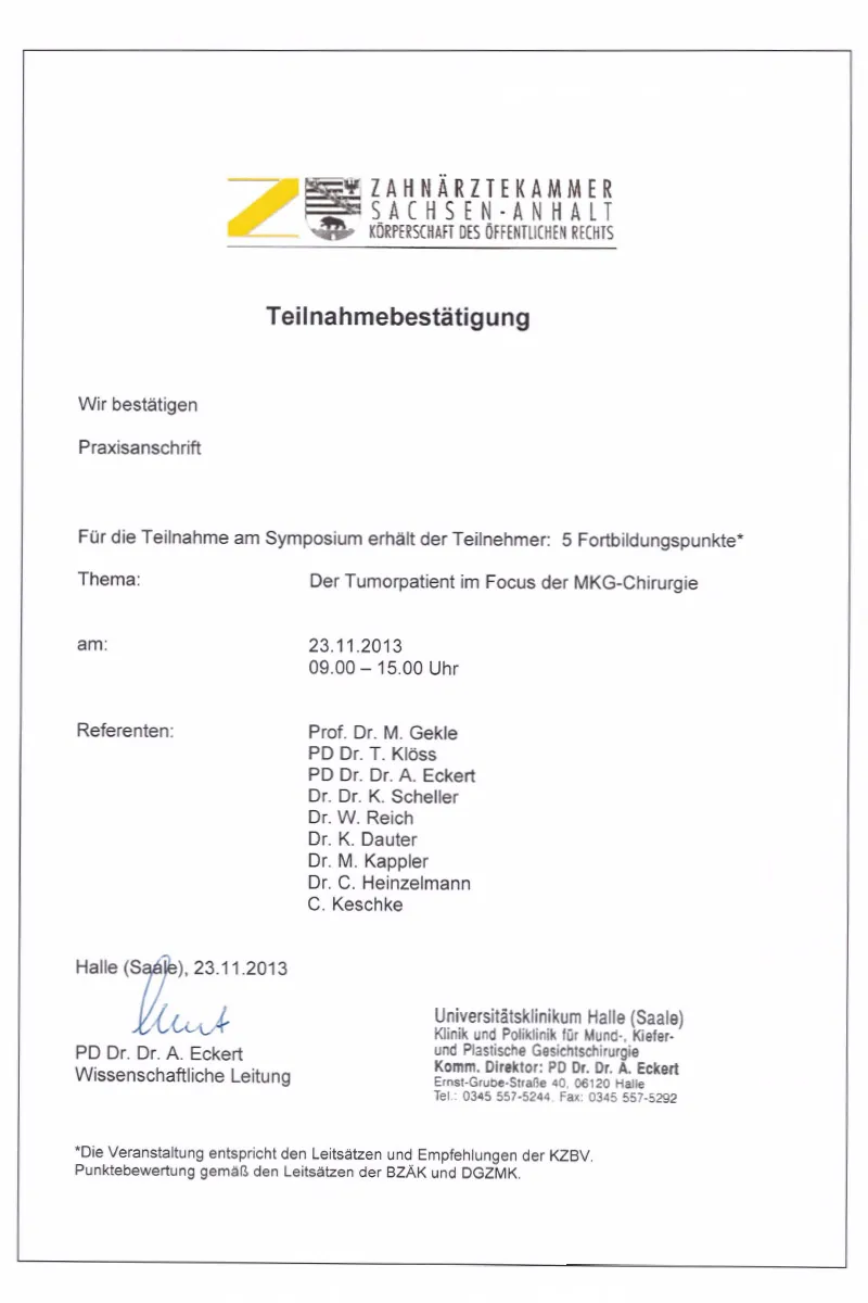 Zertifikat: Der Tumorpatient im Fokus der MKG-Chirurgie