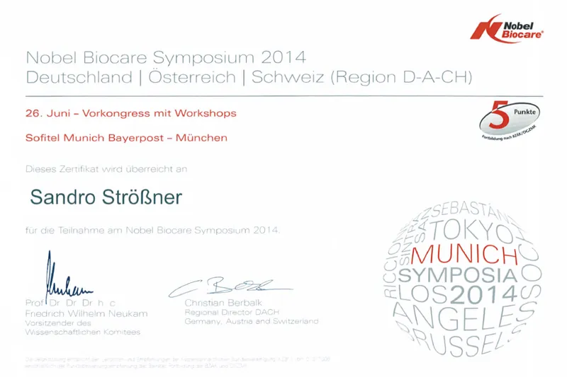 Zertifikat: Nobel Biocare Symposium 2014 – Vorkongress mit Workshops