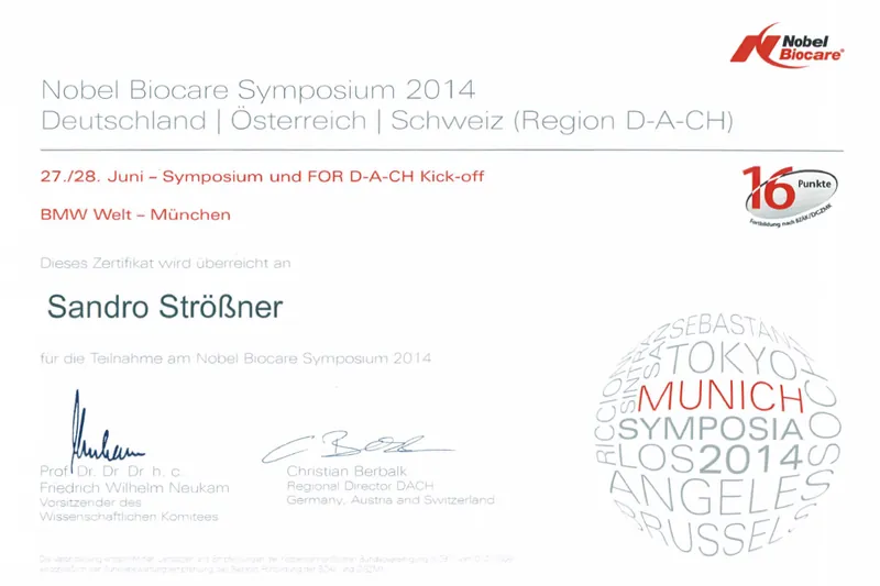 Zertifikat: Nobel Biocare Symposium 2014 – Symposium und FOR D-A-CH Kick-off