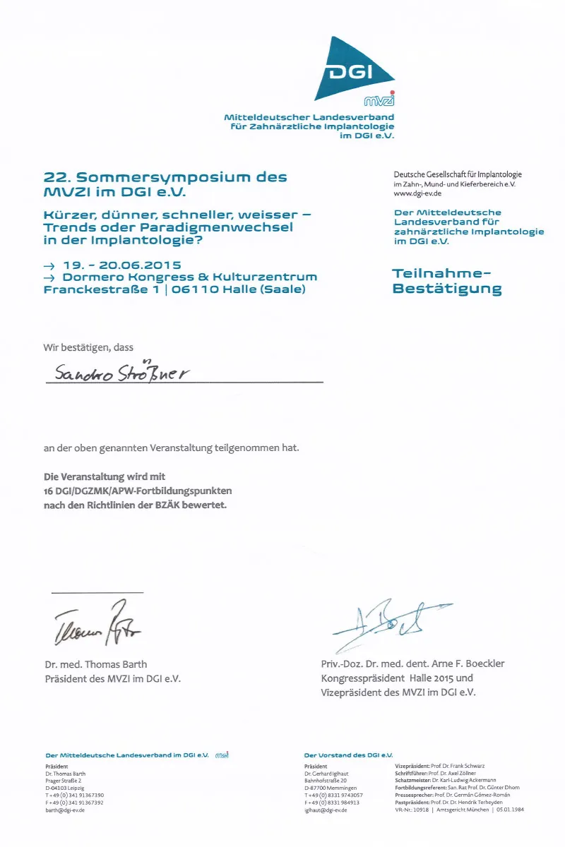 Zertifikat: 22. Sommersymposium des MVZI im DGI