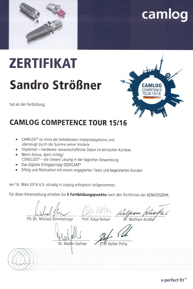 Zertifikat: CAMLOG Competence Tour 15/16