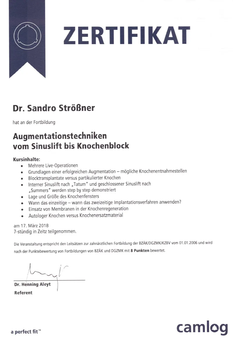Zertifikat: Augmentationstechniken vom Sinuslift bis Knochenblock