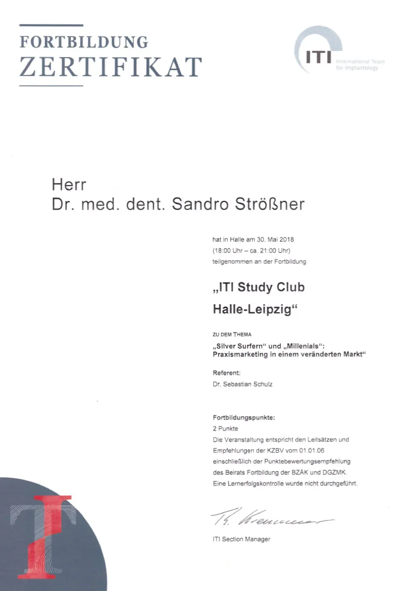 Zertifikat: ITI Study Club Halle-Leipzig