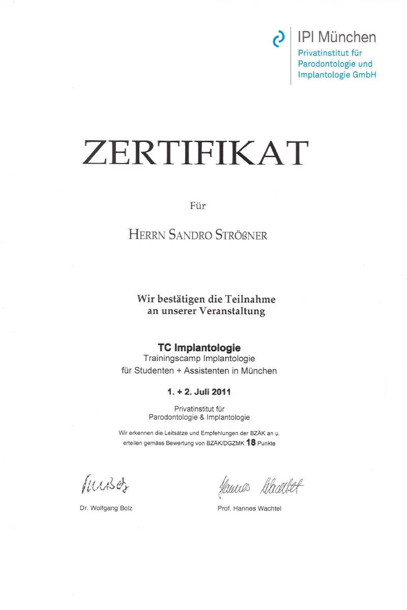 Zertifikat: Trainingscamp Implantologie