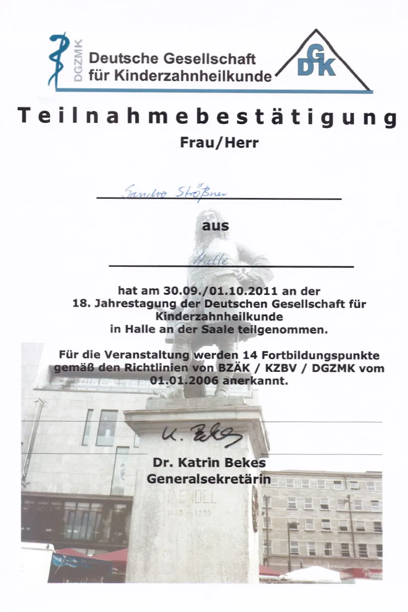 Zertifikat: 18. Jahrestagung der Deutschen Gesellschaft für Kinderzahnheilkunde