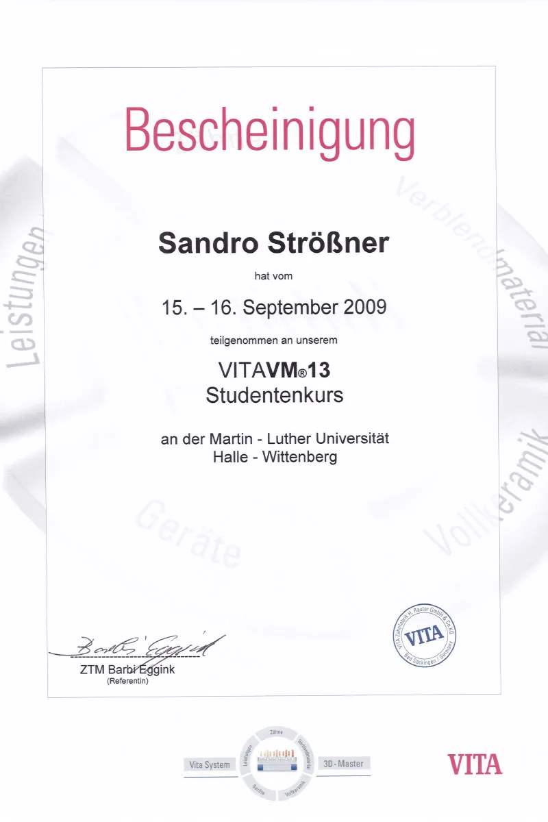 Zertifikat: VITA VM 13 – Verblendkeramik-Kurs