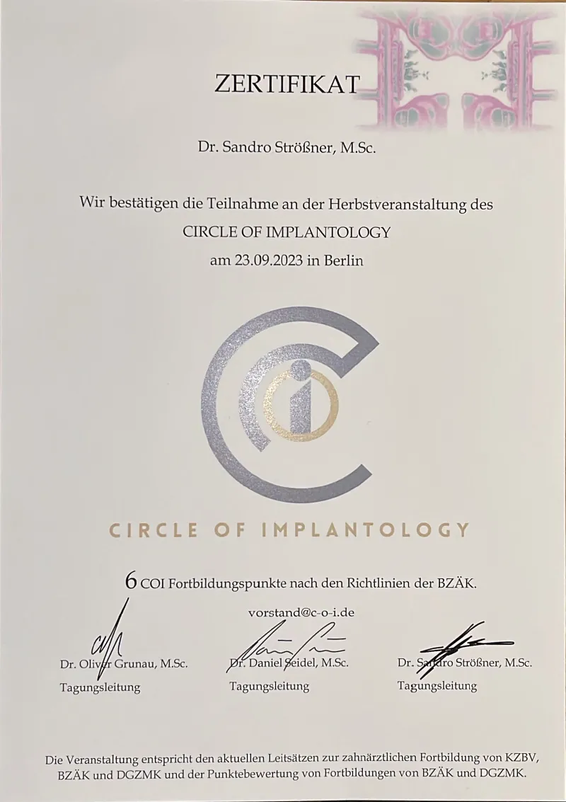 Zertifikat: Circle of Implantology – Herbstveranstaltung 2023 (Tagungsleitung)