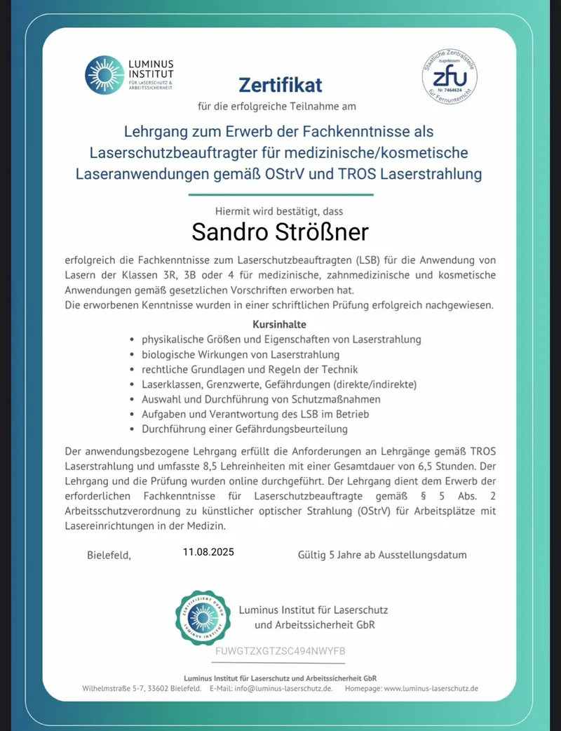 Zertifikat: Laserschutzbeauftragter für medizinische und kosmetische Laseranwendungen