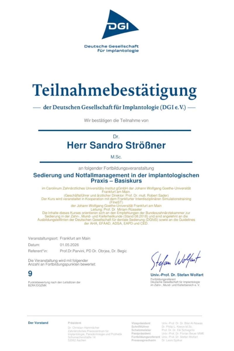 Zertifikat: Sedierung und Notfallmanagement in der implantologischen Praxis – Basiskurs