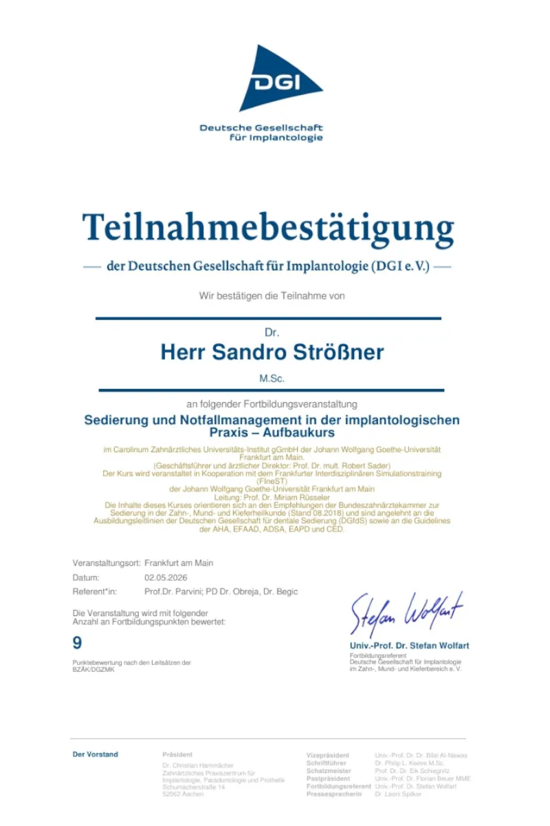 Zertifikat: Sedierung und Notfallmanagement in der implantologischen Praxis – Aufbaukurs