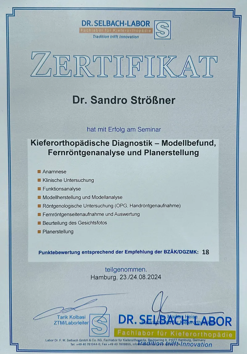 Zertifikat: Kieferorthopädische Diagnostik – Modellbefund, Fernröntgenanalyse, Planerstellung